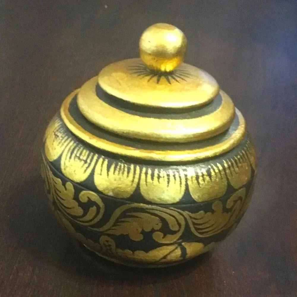 Hand-Painted Wooden Decorative Box with  Gold and Black Design Vintage